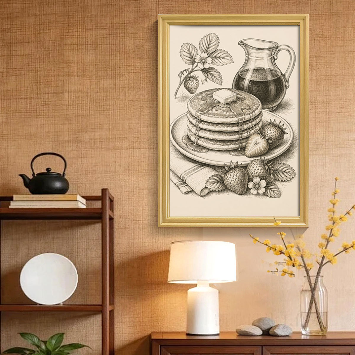 Vintage Food & Bar Cart Etching Canvas Wall Art Rustic Wood Framed Kitchen Decor