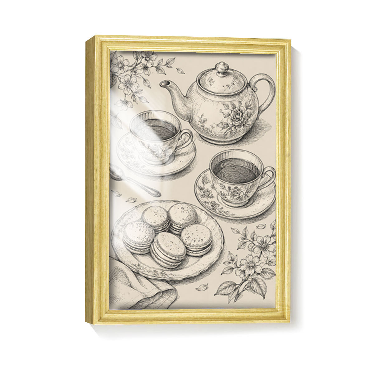 Vintage Food & Bar Cart Etching Canvas Wall Art Rustic Wood Framed Kitchen Decor