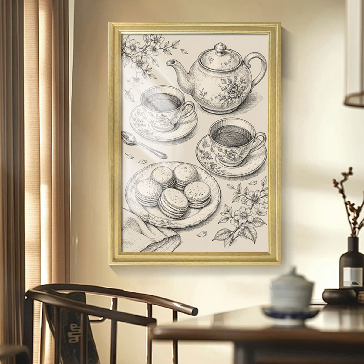 Vintage Food & Bar Cart Etching Canvas Wall Art Rustic Wood Framed Kitchen Decor