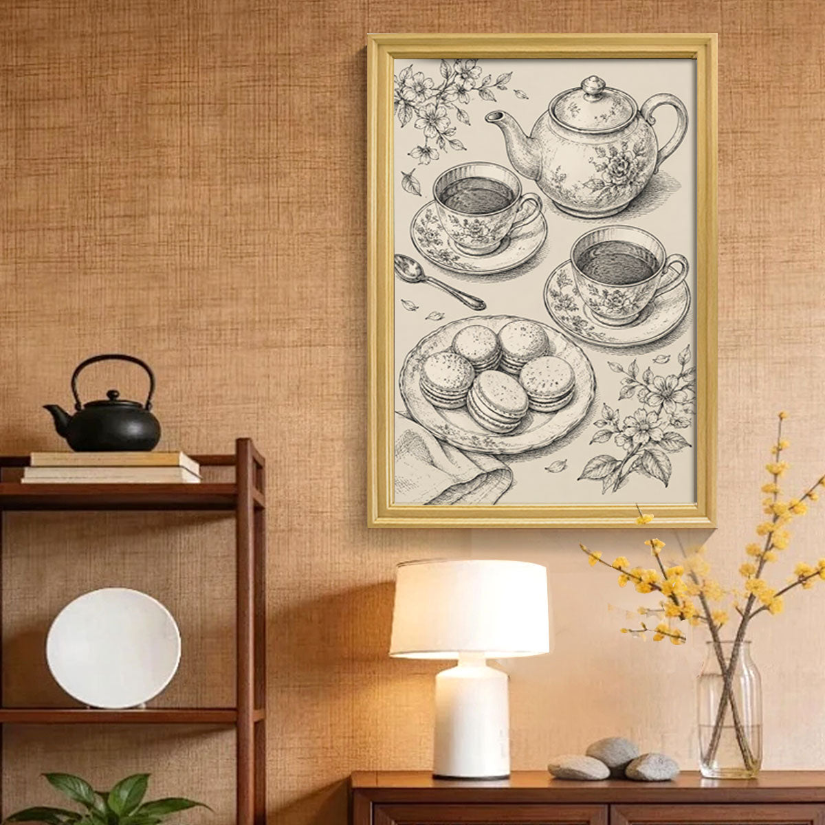 Vintage Food & Bar Cart Etching Canvas Wall Art Rustic Wood Framed Kitchen Decor