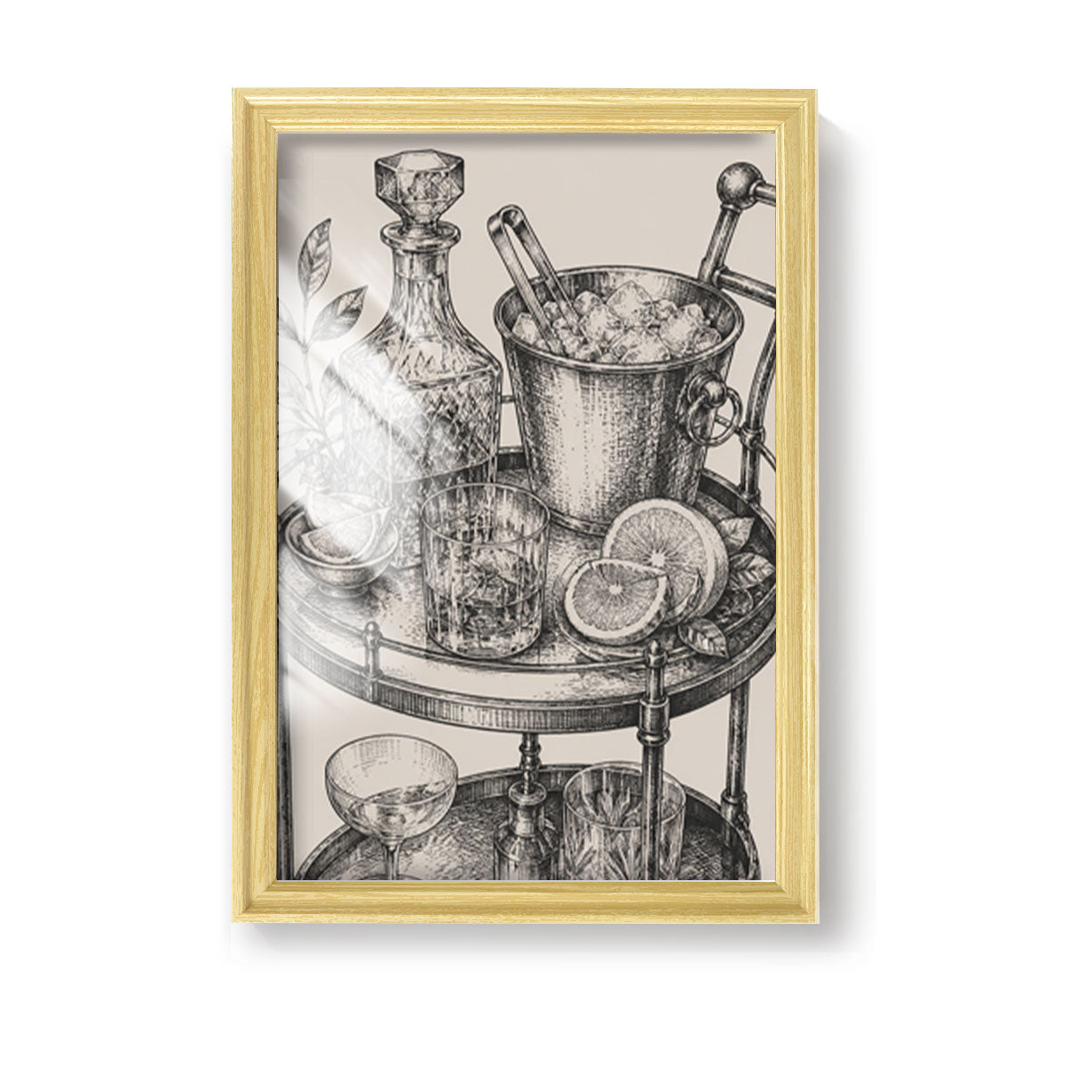 Vintage Food & Bar Cart Etching Canvas Wall Art Rustic Wood Framed Kitchen Decor