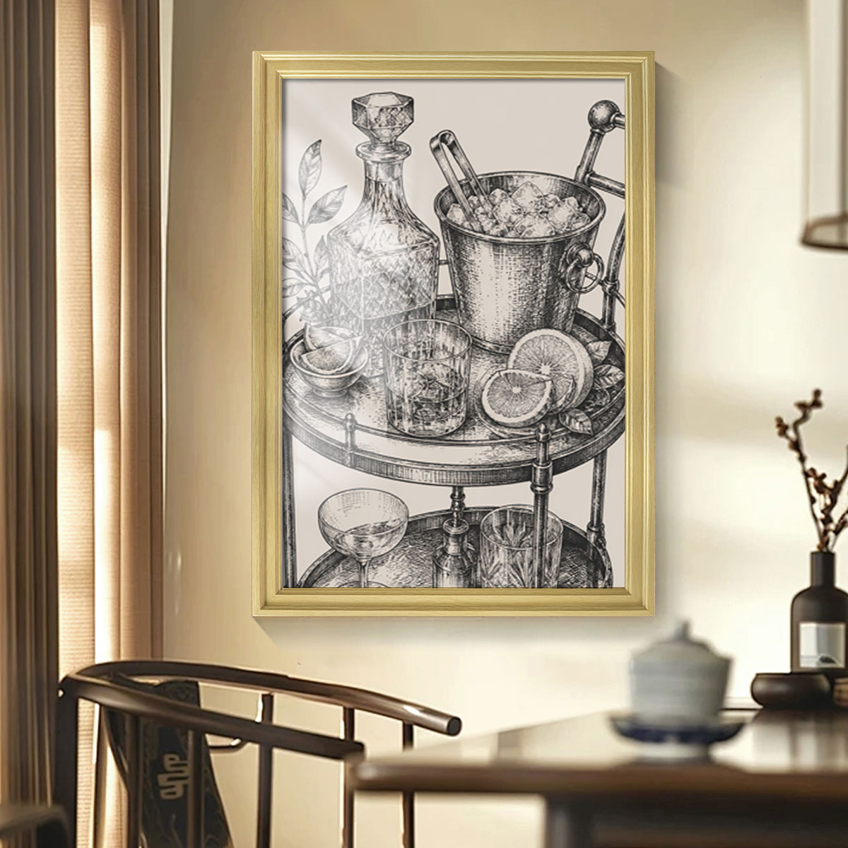 Vintage Food & Bar Cart Etching Canvas Wall Art Rustic Wood Framed Kitchen Decor