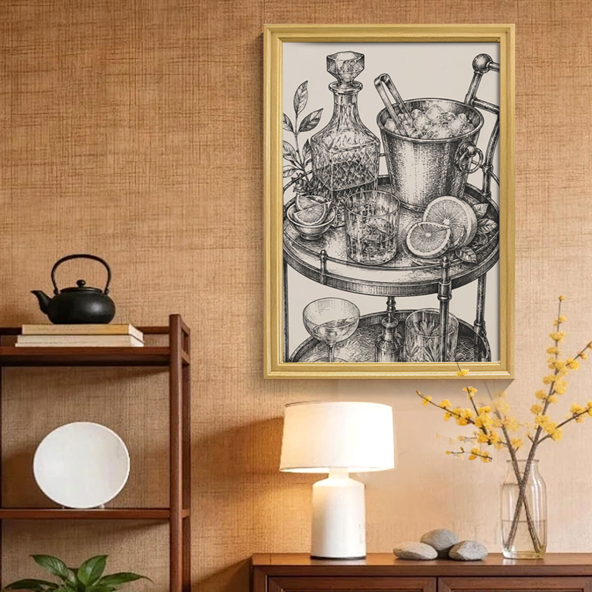Vintage Food & Bar Cart Etching Canvas Wall Art Rustic Wood Framed Kitchen Decor