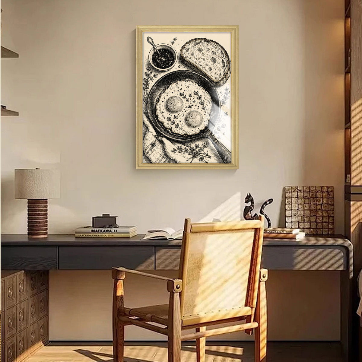 Vintage Food & Bar Cart Etching Canvas Wall Art Rustic Wood Framed Kitchen Decor