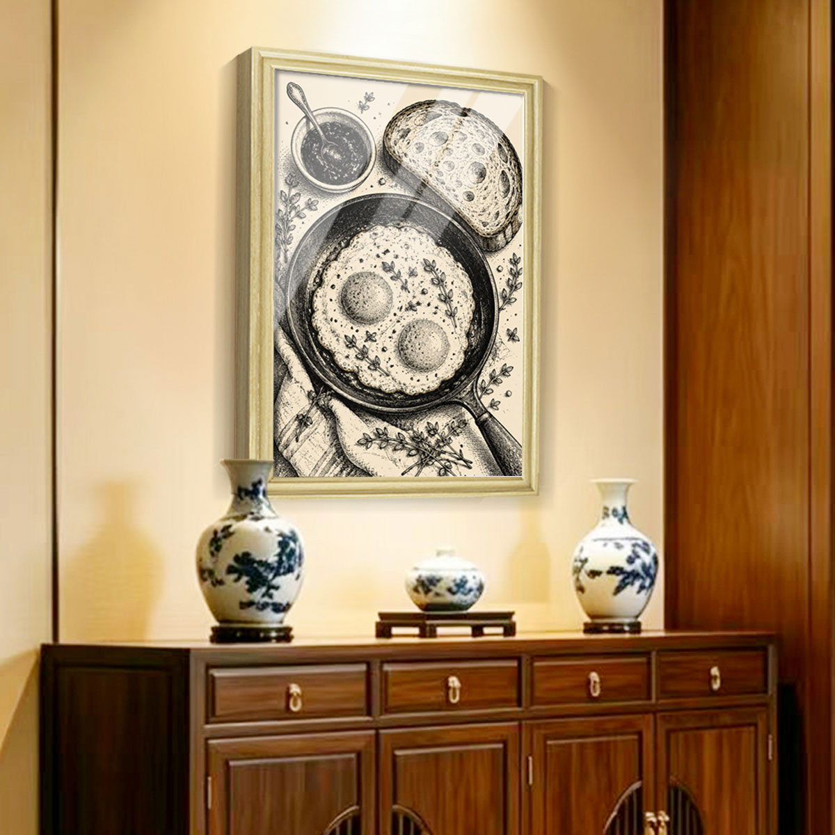 Vintage Food & Bar Cart Etching Canvas Wall Art Rustic Wood Framed Kitchen Decor
