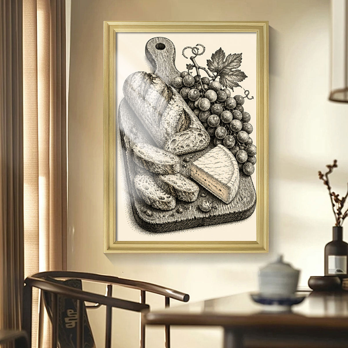 Vintage Kitchen Sketch Canvas Wall Art Rustic Food Decor Wood Frame Gift