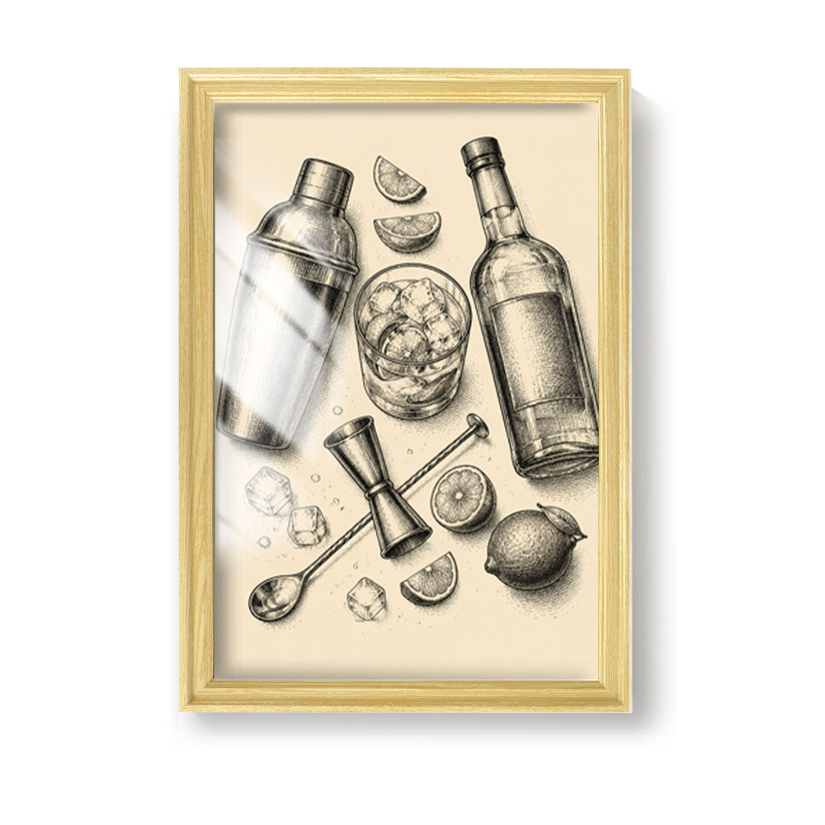 Vintage Food & Bar Cart Etching Canvas Wall Art Rustic Wood Framed Kitchen Decor
