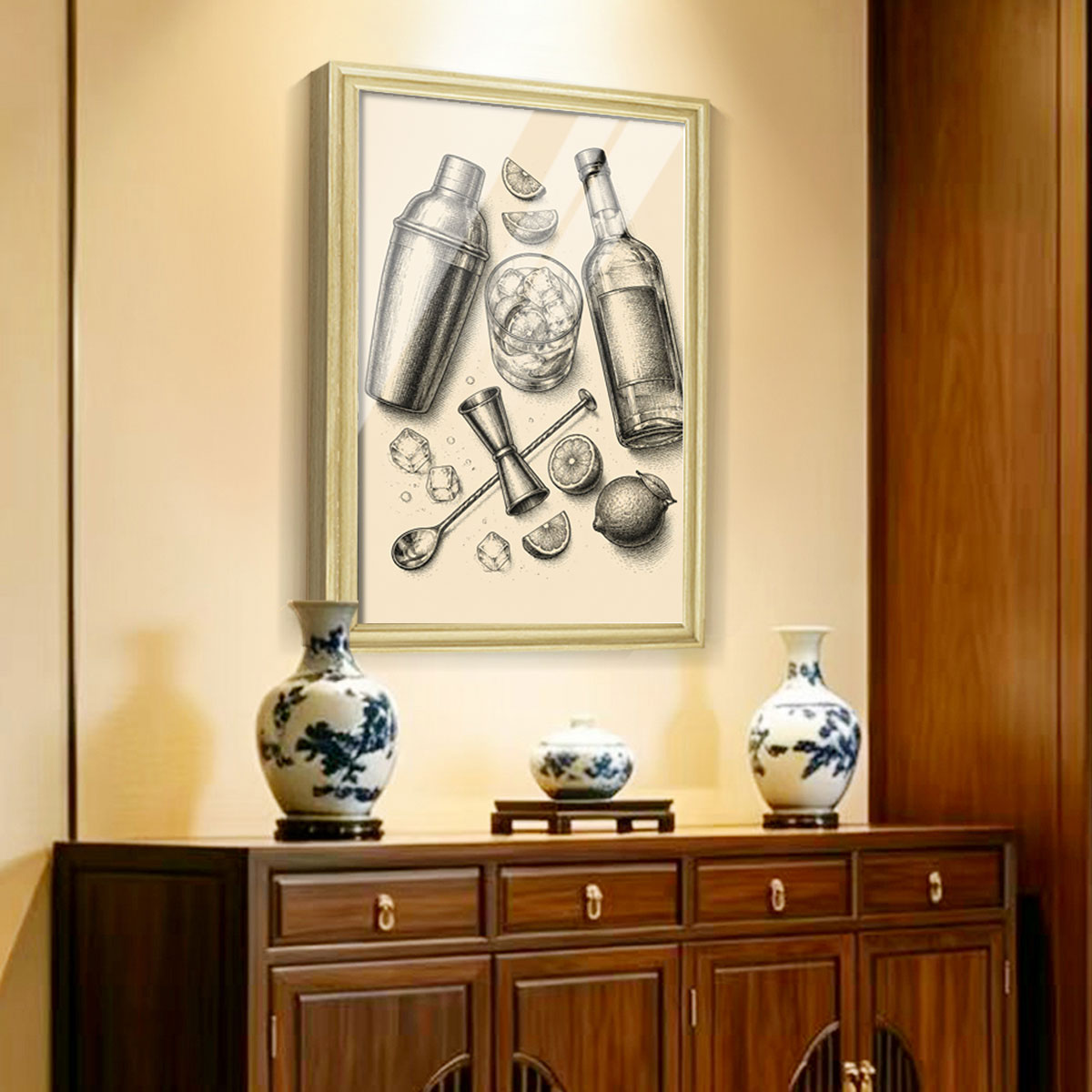 Vintage Food & Bar Cart Etching Canvas Wall Art Rustic Wood Framed Kitchen Decor