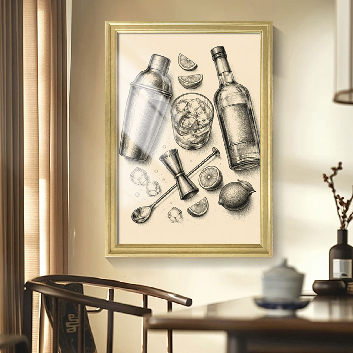 Vintage Food & Bar Cart Etching Canvas Wall Art Rustic Wood Framed Kitchen Decor