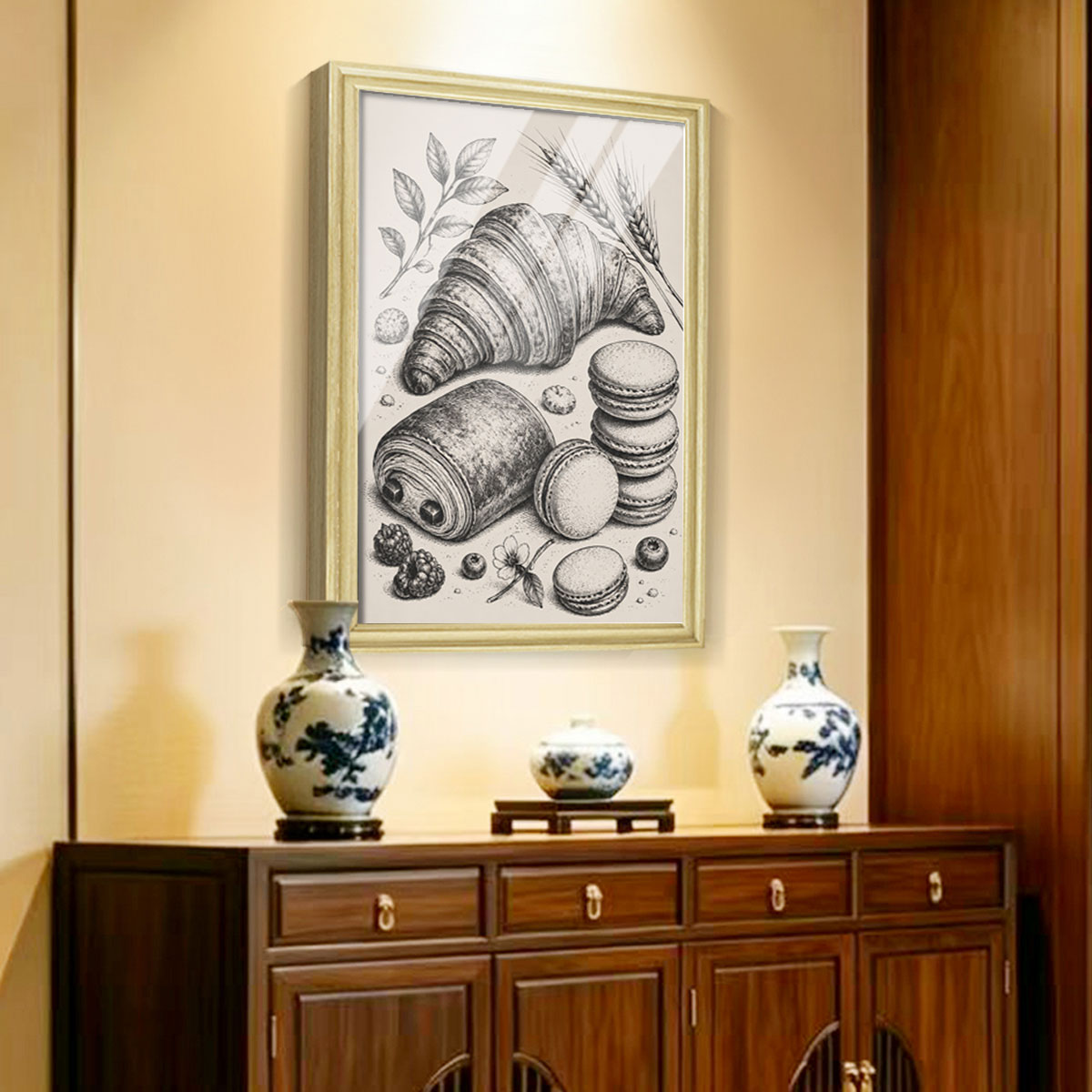 Vintage Kitchen Sketch Canvas Wall Art Rustic Food Decor Wood Frame Gift