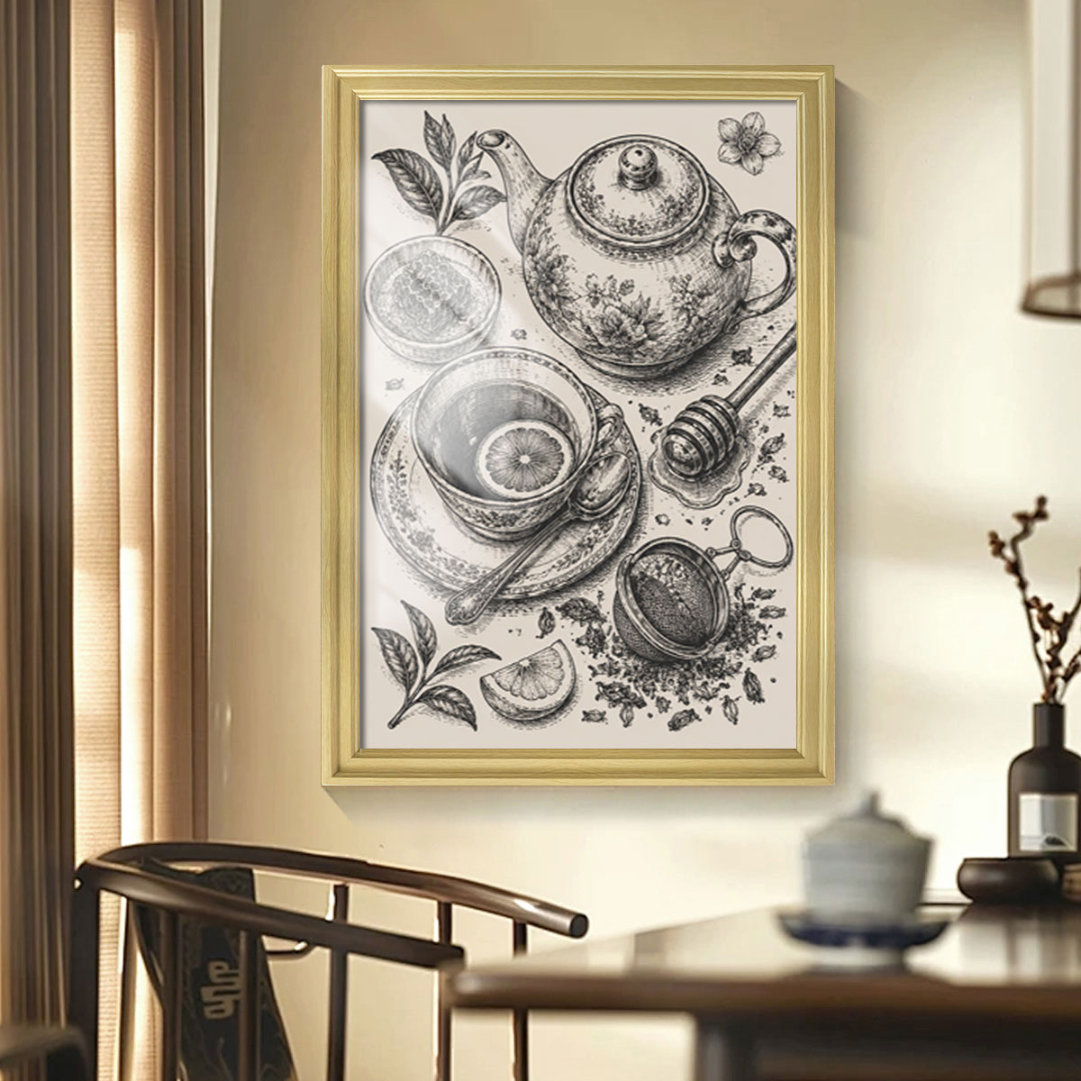 Vintage Kitchen Sketch Canvas Wall Art Rustic Food Decor Wood Frame Gift