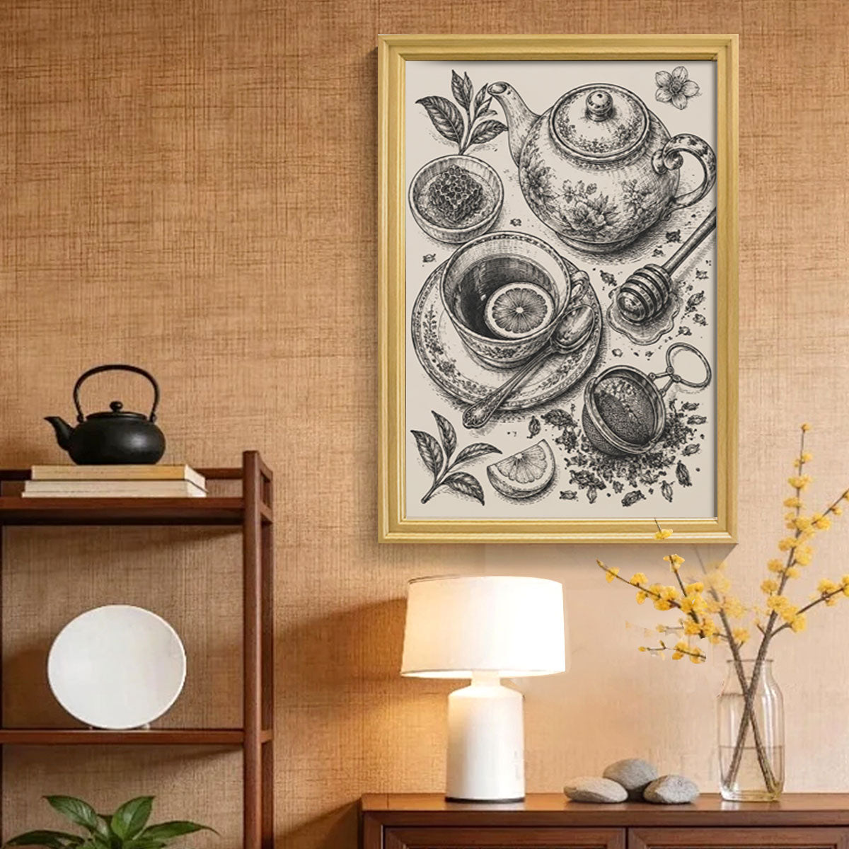 Vintage Kitchen Sketch Canvas Wall Art Rustic Food Decor Wood Frame Gift