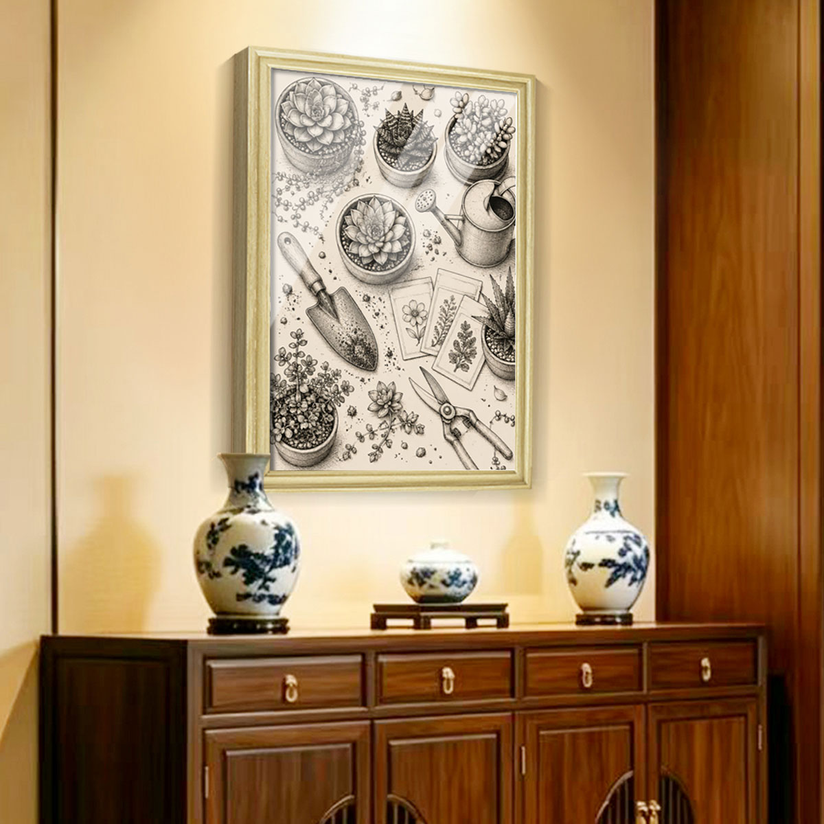 Vintage Kitchen & Garden Sketch Canvas Wall Art Rustic Wood Frame Decor Gift